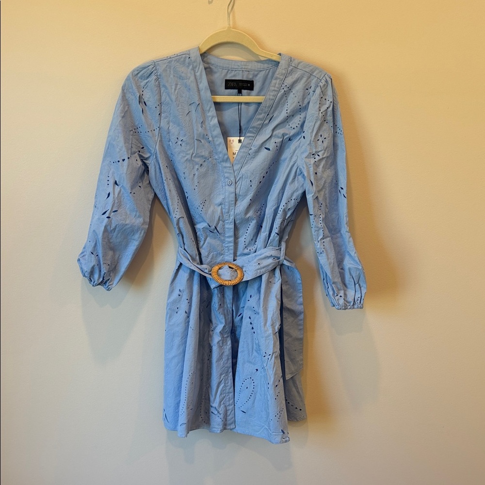 Zara Light Blue Eyelet Mini Dress
